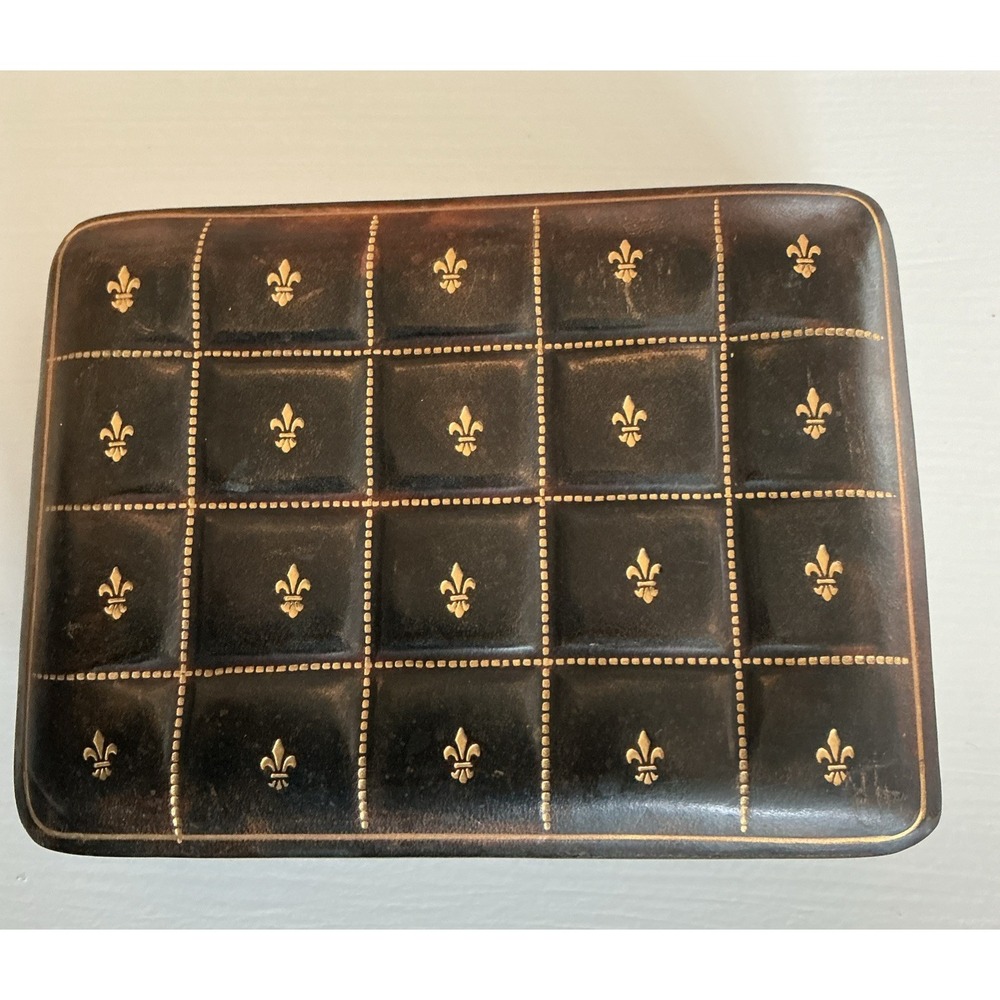 Vtg Italian Leather Jewelry Trinket Box Fleur de lis 5.5"x4"x1.5" Made in Italy